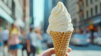 Poster - A person holding a cone of ice cream with white frosting, AI