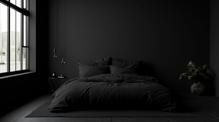 Wall Mural - Modern Minimalist Bedroom Design with Empty Black Wall and Wooden Floor