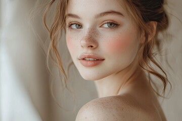 Close-up beautiful woman with makeup and bare shoulders with beautiful and soft skin and light background _ Make up and body care for fashion -with generative ai