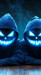 Two people in hoodies with glowing jack-o'-lantern faces