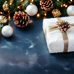 Xmas present, luxury gift, wrapped in white, Christmas banner. Christmas background with festive decorations