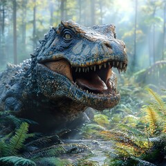 Poster - Tyrannosaurus Rex in a Foggy Forest - Prehistoric Beast