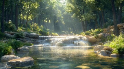 Poster - Serene Waterfall in a Lush Forest - Nature Photography