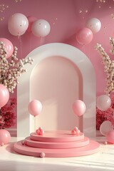 A charming pink celebration setup featuring elegant arches and festive balloons for a joyful event or special occasion. Generative AI