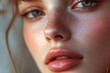 © MUdaylah - Close-up photo of a beautiful young woman's face with fresh and smooth skin and pink lips with a light background _ smooth skin with skin and body care with generative ai