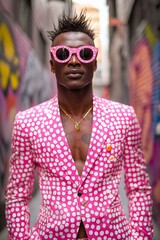 Dressed in bold colorful attire an individual confidently poses against a lively urban backdrop capturing attention amidst the crowd on a sunny day.