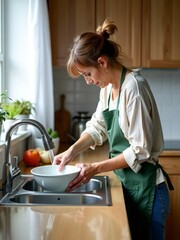 A woman is washing a plate in a kitchen sink