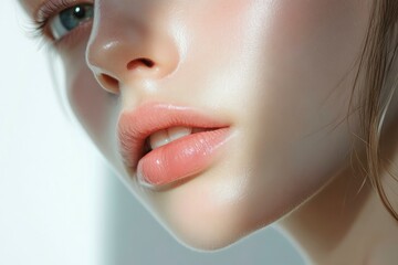 Canvas Print - Close-up photo of a beautiful young woman's face with fresh and smooth skin and pink lips with a light background _ smooth skin with skin and body care with generative ai