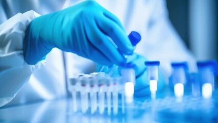 Poster - Scientist wearing blue gloves is carefully conducting research, transferring liquid samples using a micropipette in a laboratory setting