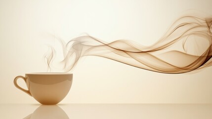 Poster - Abstract swirling steam gracefully rises from a coffee cup in a minimalist setting, evoking warmth and comfort. Generative AI