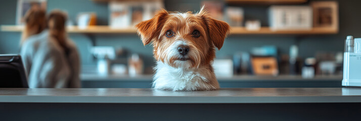 Sticker - Cute dog looking at the camera while standing on a counter.