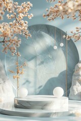Poster - Elegant display setting with soft pastels and floral accents in a serene environment perfect for artistic showcases. Generative AI