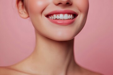 Close-up photo portrait of woman smiling mouth lips teeth isolated on pastel pink colored background with generative ai