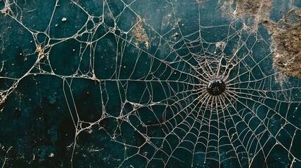 a spider web against a dark background. The web is intricate and detailed, with a circular pattern radiating from a central point