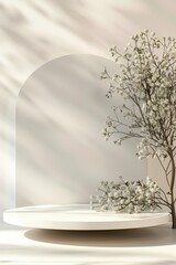 Poster - Serene modern display with delicate white flowers emerging from a minimalistic, curved backdrop bathed in soft natural light. Generative AI