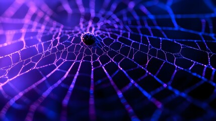 a web like object in the center of the image - a close up shot of a cracked cell phone with blue and purple lights - a close up shot of a spider web with bright lights