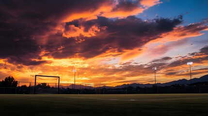 Wall Mural - sunset over football field with goalposts