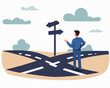 © Perfect Vector - Confused Businessman at Crossroads Choosing Direction, Business Decision Making, Opportunity and Challenge Concept, Flat Minimalist Vector