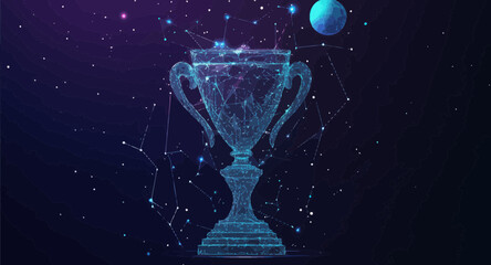 Poster - Abstract Starry Sky Champion Cup Vector Concept with Planets and Stars, Wireframe Space Trophy, Minimalist Universe and Galaxies, Business Achievement Symbol