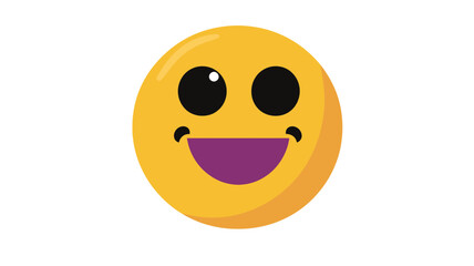 Poster - Bright Yellow Happy Smile Emoji Vector Graphic with Big Eyes and Purple Mouth - Fun and Expressive Cartoon Face Illustration for Messaging, Social Media, and Graphic Design