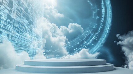 Poster - A futuristic, glowing, white podium sits in a cloud-filled sky with a glowing circle and glowing lines surrounding it.