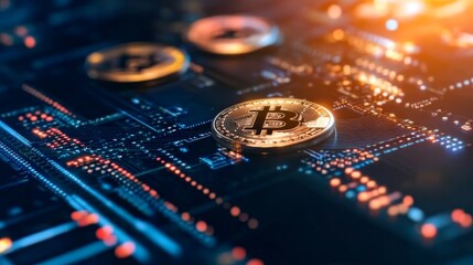 Aufkleber - Floating digital currency tokens emit a soft glow, surrounded by intricate circuit patterns on a dark blue background, highlighting blockchain technology
