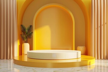 Poster - A modern yellow interior with a circular platform and decorative plants creates a vibrant and inviting atmosphere in a sunlit space. Generative AI