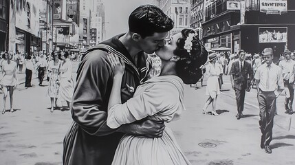 The Kissing Sailor. A black and white photograph of the famous 'Kiss'. A sailor in uniform kisses a woman on a busy street after World War II, people walking in the background.