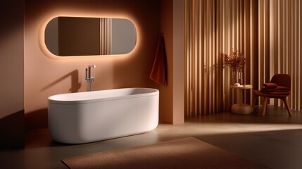 Poster - This minimalist bathroom showcases clean lines with a freestanding white tub and a large oval mirror, complemented by natural wooden accents and soft, ambient lighting enhancing the serene atmosphere