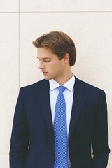 An Elegant Young Man Dressed in a Smart Suit Complemented by a Blue Tie Against a Light Background