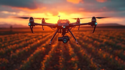 Canvas Print - A drone flies over a field of sunflowers at sunset, with the camera facing forward.