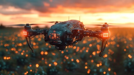 A futuristic drone flies over a field of flowers at sunset.