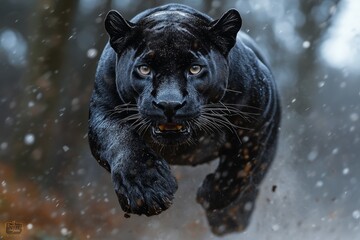 Black panther on dark background. Wildlife scene. Angry big cat 