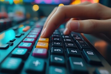 Wall Mural - Close-up of a hand pressing buttons on a calculator with a colorful background.