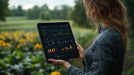 Wall Mural - A woman farmer uses a tablet to monitor her sunflower crop. The screen shows charts and data.