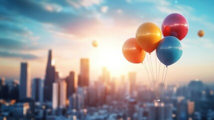 Poster - Colorful balloons floating over a vibrant modern city skyline during sunset, creating a cheerful atmosphere in the urban landscape. Generative AI