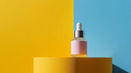 Wall Mural - Minimalist skincare serum bottle on a colorful pedestal