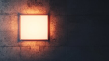 Poster - A sleek square lightbox is affixed to a dark concrete wall, radiating soft light with a bright white surface ideal for showcasing text or logos while enhancing modern aesthetics