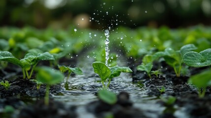 Sticker - Close-up of water droplets falling on young green plants in a field.