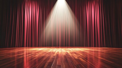 Poster - Red velvet stage curtains with spotlight on empty wooden floor.