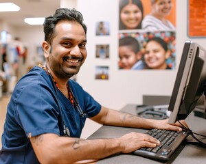 Wall Mural - A doctor smiles as he uses a computer in his office. AI.