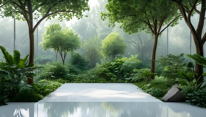 Eco-friendly summer landscape featuring lush trees and a serene garden, emphasizing sustainability and environmental awareness against a white backdrop