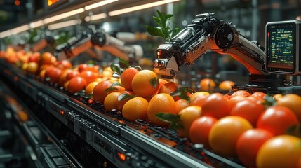 Wall Mural - A robotic arm sorts oranges on a conveyor belt in a futuristic factory.