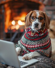 Sticker - A dog wearing glasses and a sweater uses a laptop. AI.