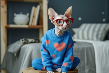 Canvas Print - A hairless cat wearing glasses and a blue sweater with hearts. AI.