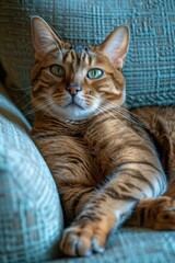 Poster - A tabby cat with green eyes resting on a couch. AI.