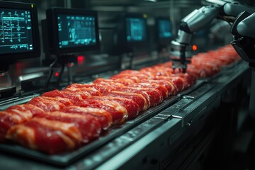 Wall Mural - Robotic arm processing meat on a conveyor belt in a modern factory.