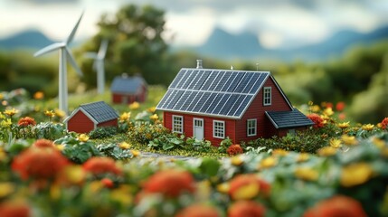 Wall Mural - A red house with solar panels on its roof stands in a field of flowers, with wind turbines in the background.