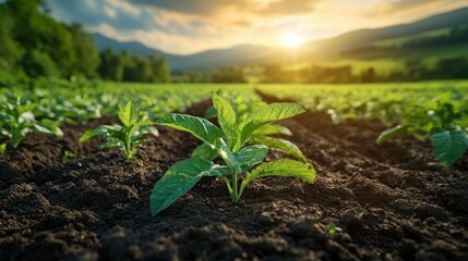 Wall Mural - Young green plants growing in fertile soil at sunset with a mountain range in the background.