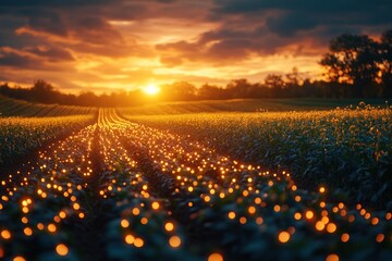 Poster - A field of green crops at sunset with the sun shining through the clouds and creating a blurry bokeh effect in the foreground.